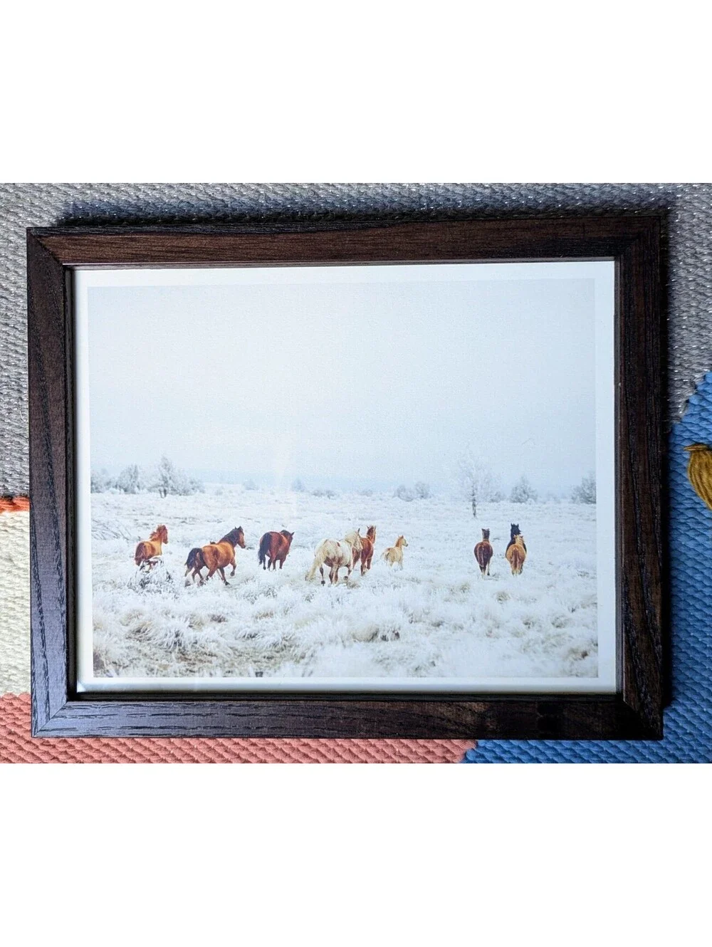 Wild Horses Running in a snowy meadow, framed art print by Kevin Russ